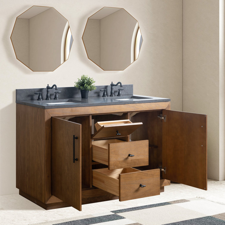 60" Tan Double Sink Bathroom Vanity with Black Limestone Top