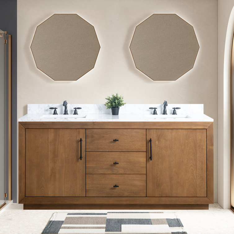 72" Tan Poplar Wood Double Sink Vanity with Arabescato White Marble Top