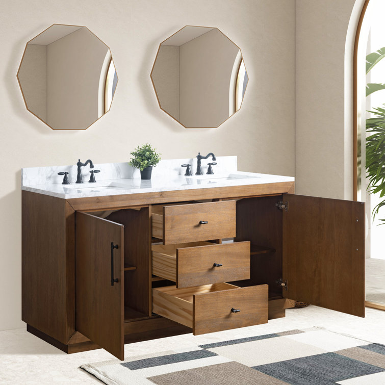 72" Tan Poplar Wood Double Sink Vanity with Arabescato White Marble Top