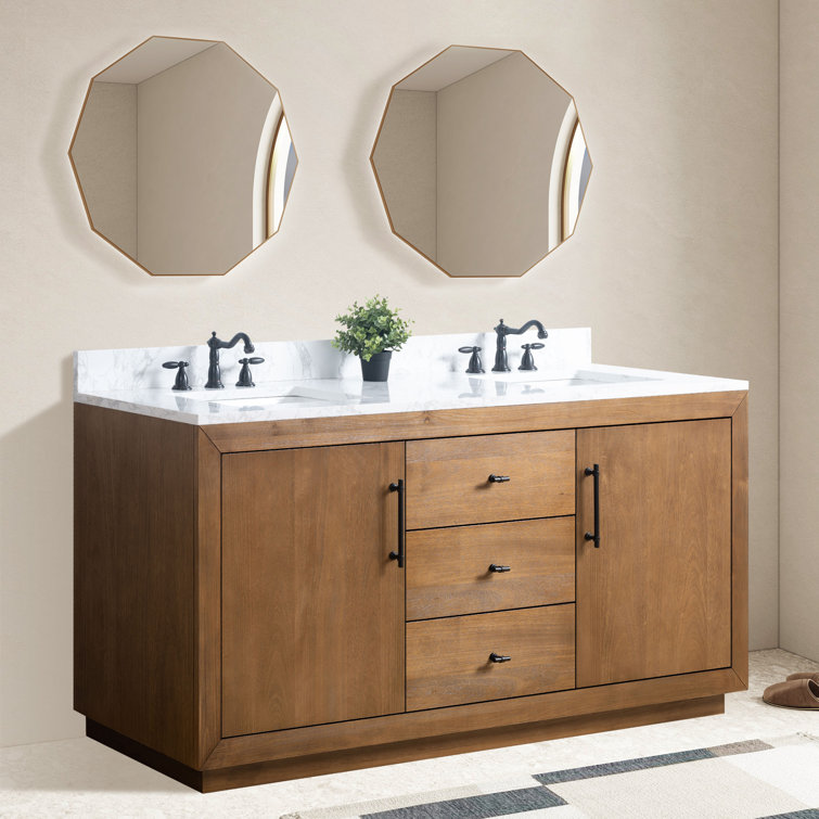 72" Tan Poplar Wood Double Sink Vanity with Arabescato White Marble Top