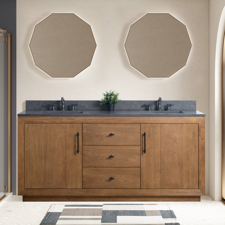 72" Tan and Black Limestone Double Sink Bathroom Vanity