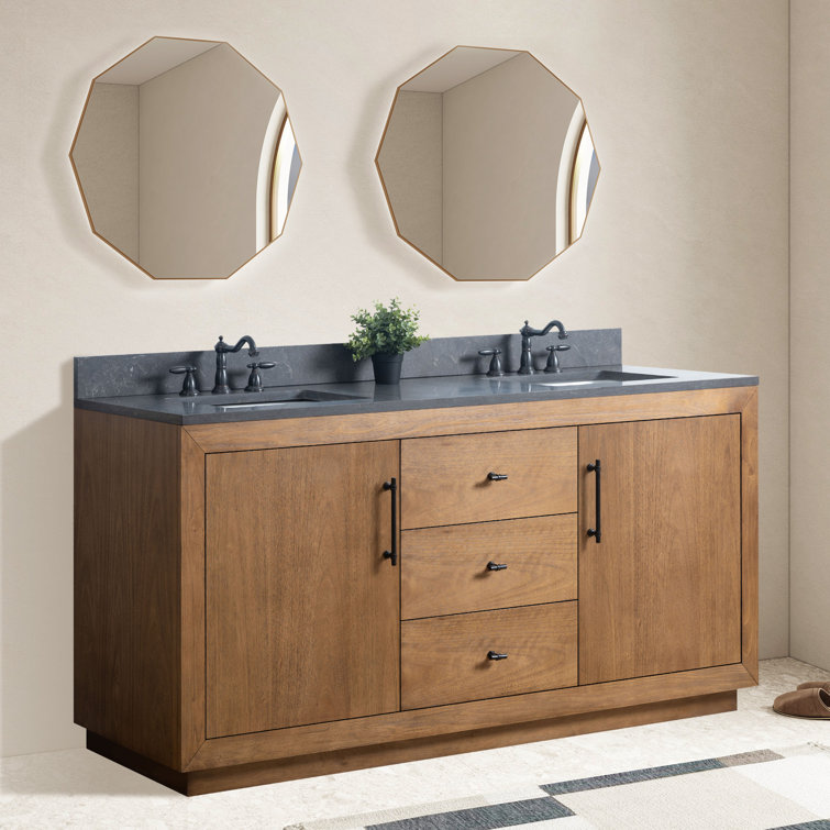 72" Tan and Black Limestone Double Sink Bathroom Vanity