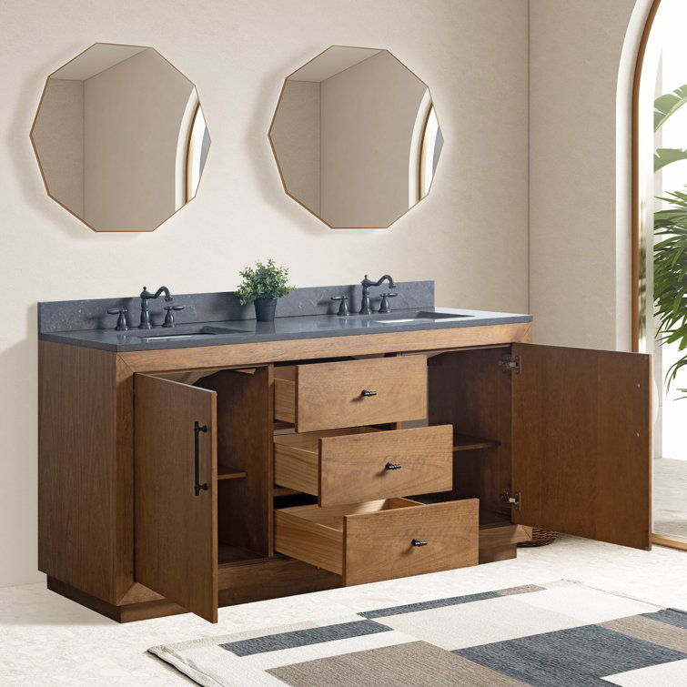 72" Tan and Black Limestone Double Sink Bathroom Vanity