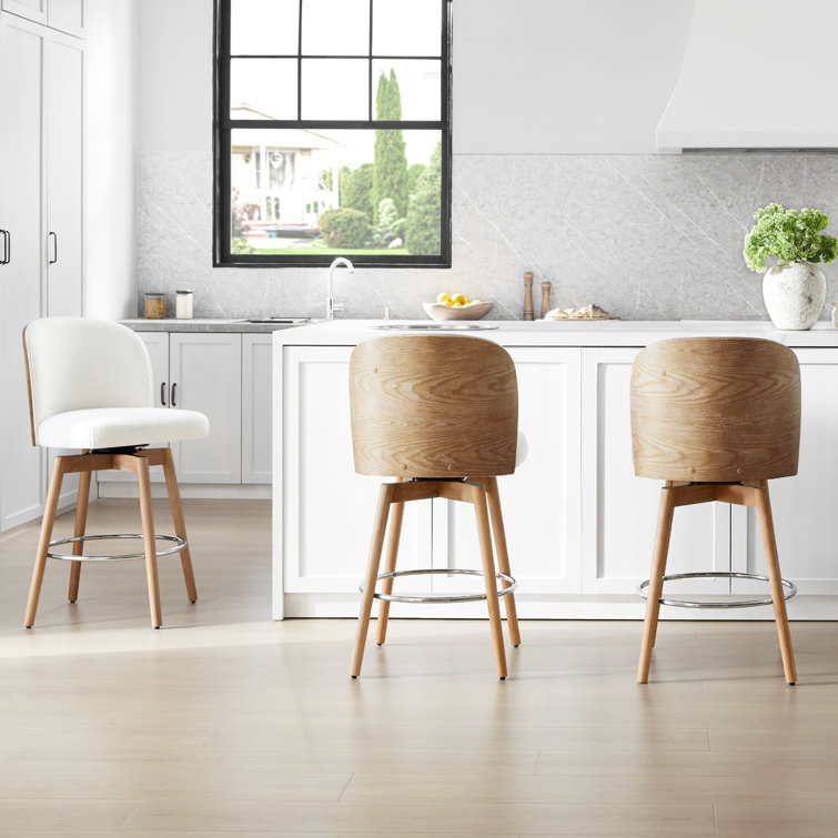 Cream Upholstered Swivel Bar Stools with Wood Legs, Set of 2