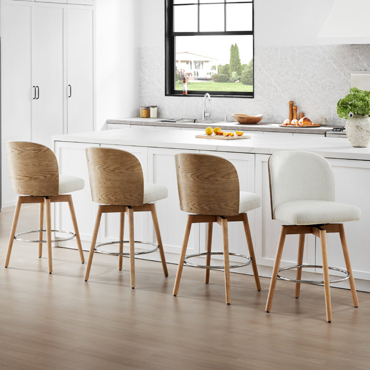 Cream Upholstered Swivel Bar Stools with Wood Legs, Set of 2