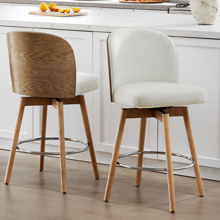 Cream Upholstered Swivel Bar Stools with Wood Legs, Set of 2