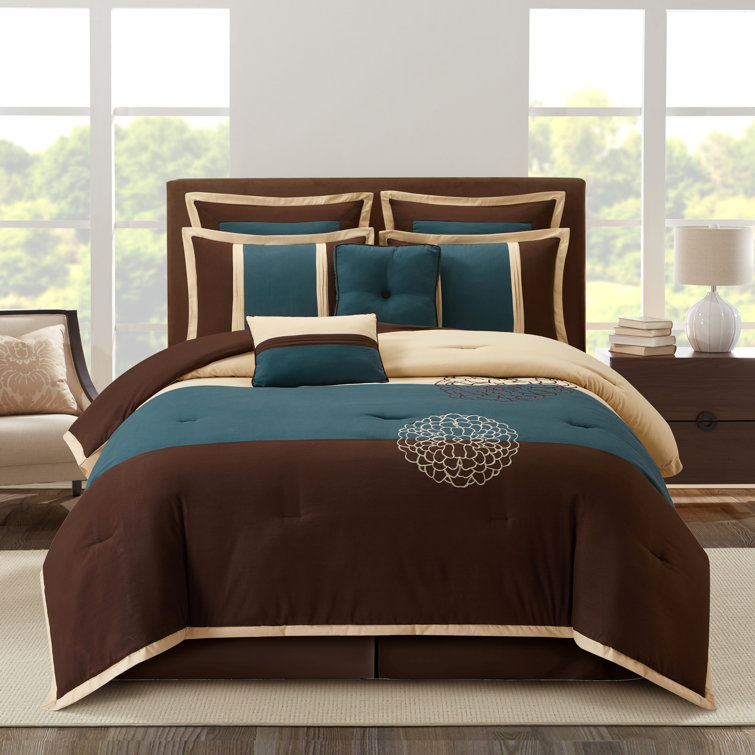 King Brown and Teal Microfiber 8-Piece Comforter Set