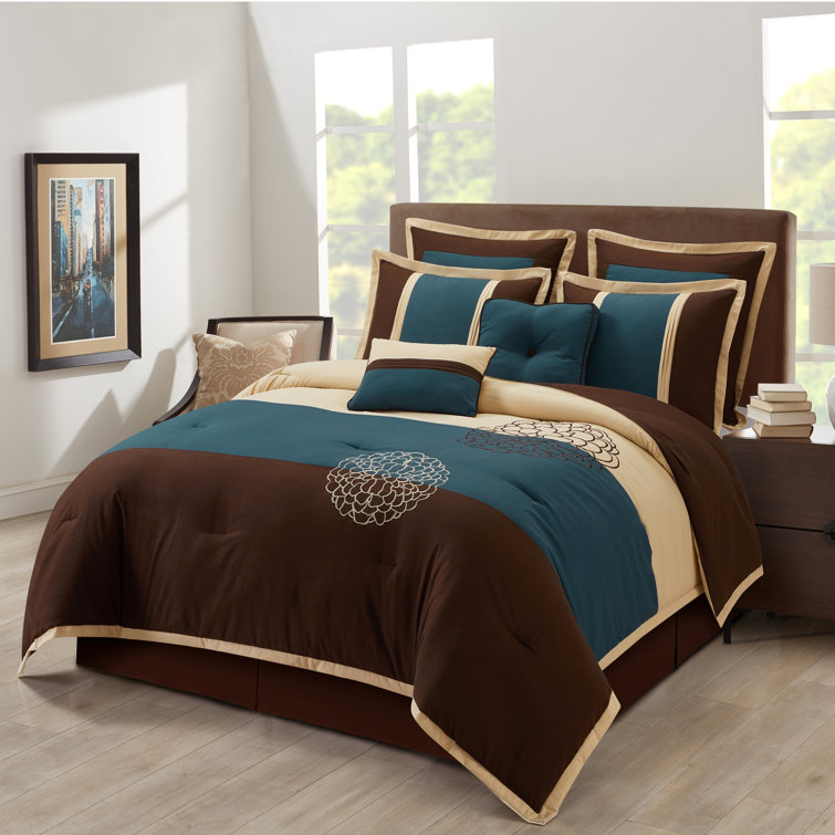 King Brown and Teal Microfiber 8-Piece Comforter Set