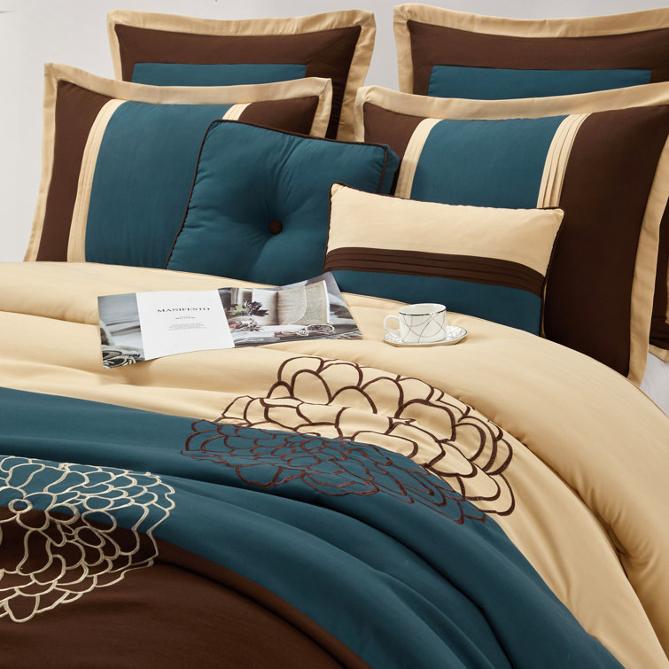 King Brown and Teal Microfiber 8-Piece Comforter Set