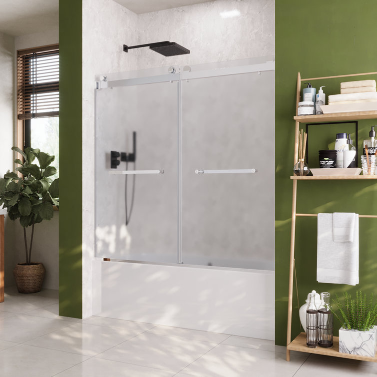 Chrome Double Sliding Frameless Bathtub Shower Door with Frosted Glass