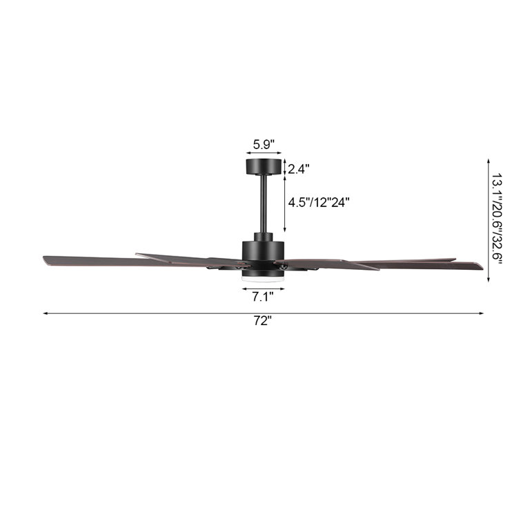 72" Black and Walnut Modern Ceiling Fan with LED Light and Remote