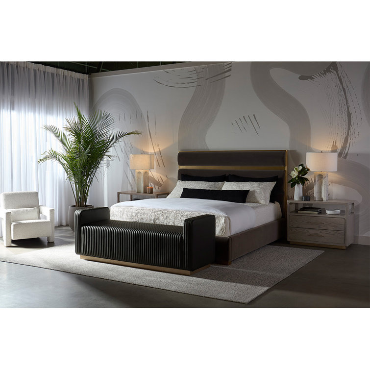 Gray Upholstered Queen Platform Bed with Gold Accents