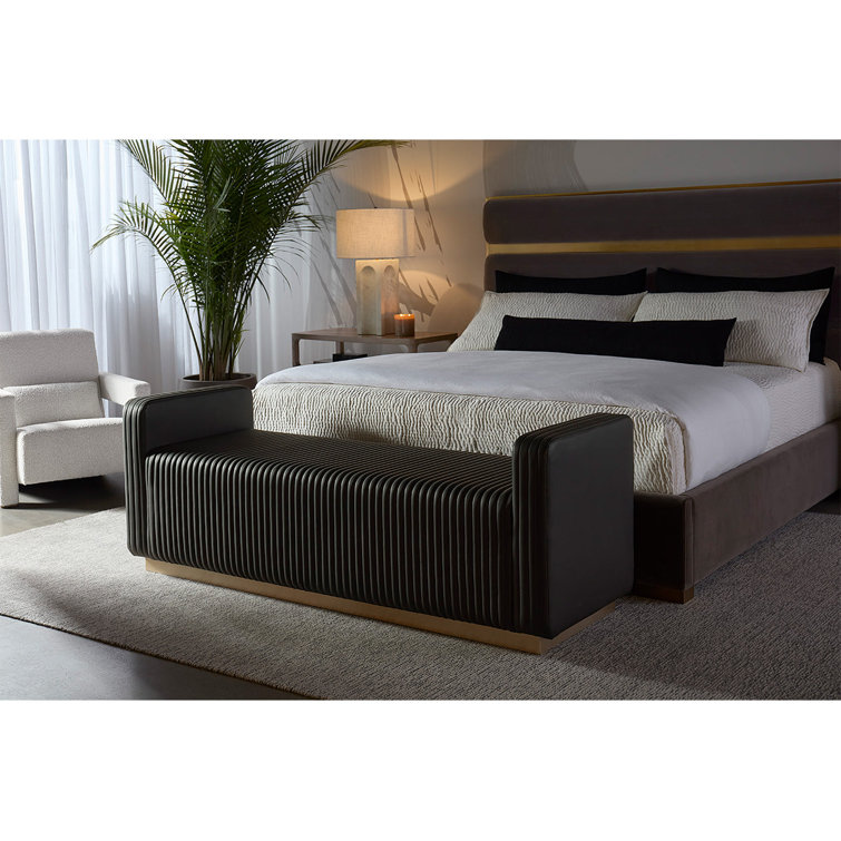 Gray Upholstered Queen Platform Bed with Gold Accents