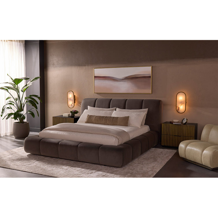 Gray Upholstered King Platform Bed with Tufted Headboard