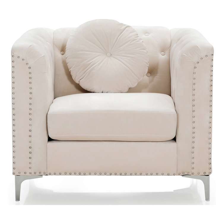 Ivory Velvet Luxe Wood-Trimmed Armchair with Chrome Accents