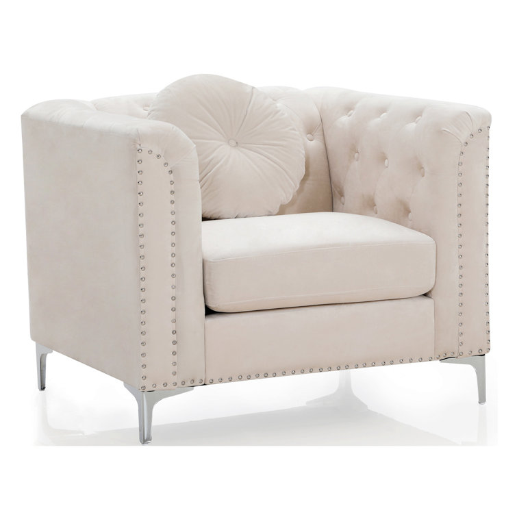 Ivory Velvet Luxe Wood-Trimmed Armchair with Chrome Accents