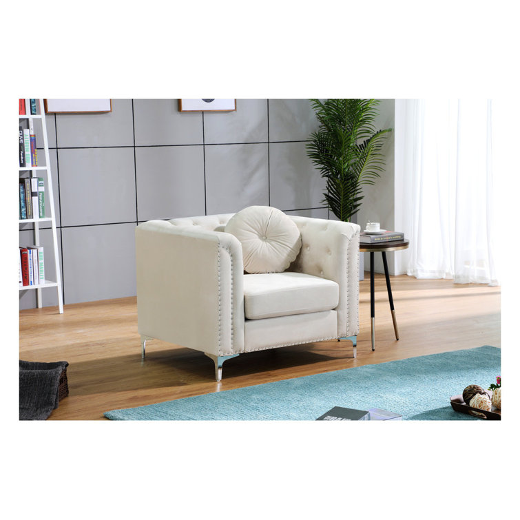 Ivory Velvet Luxe Wood-Trimmed Armchair with Chrome Accents