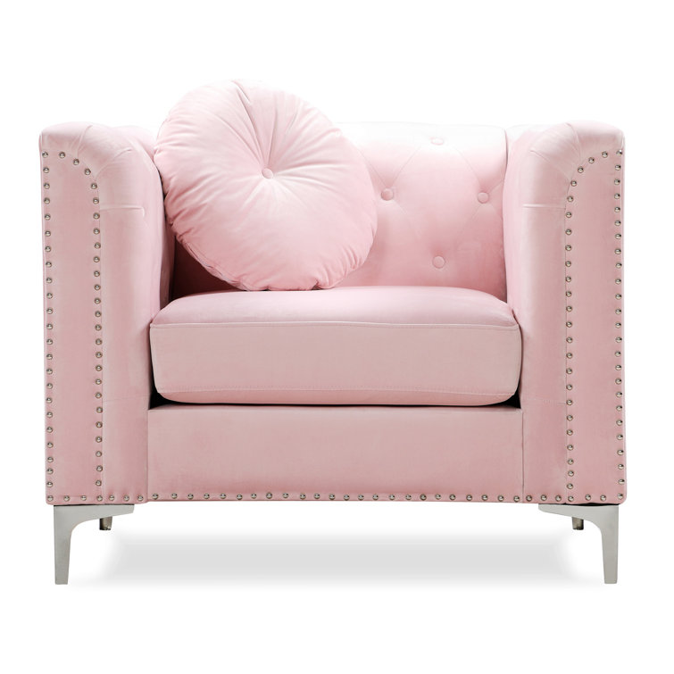 Pompano Plush Pink Velvet Armchair with Chrome Accents
