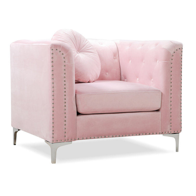 Pompano Plush Pink Velvet Armchair with Chrome Accents
