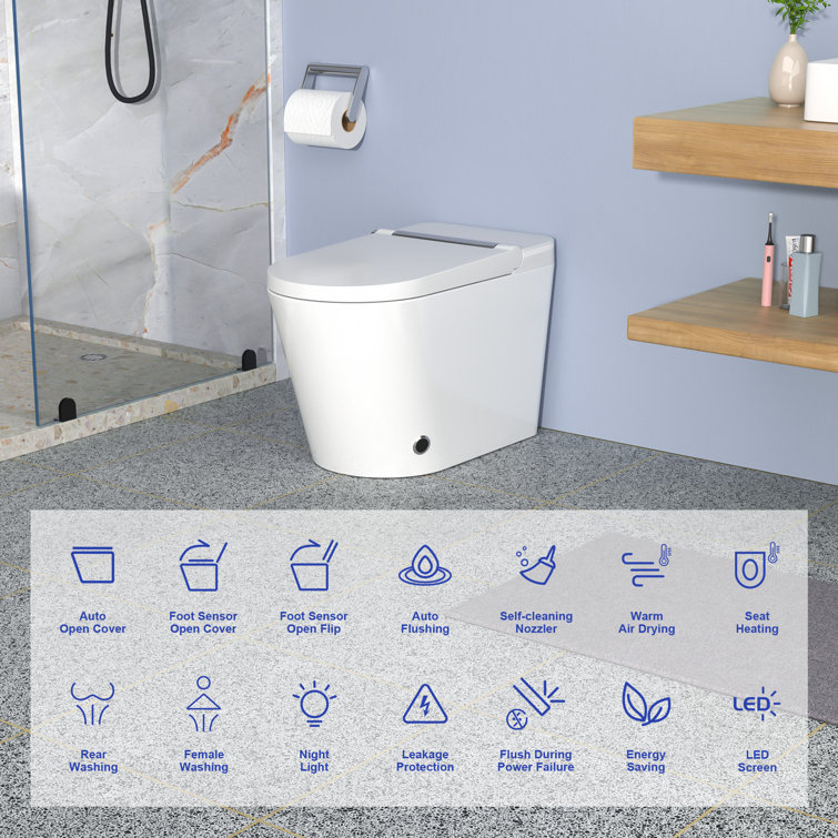 White Ceramic Elongated Smart Bidet Toilet with Heated Seat