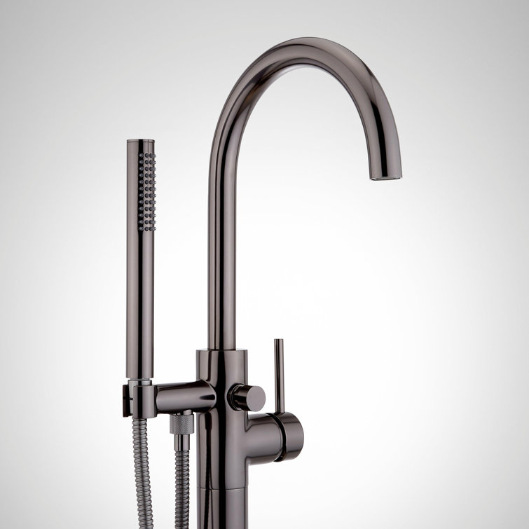 Lexia Modern Black Metal Floor Mounted Bathtub Faucet with Hand Shower