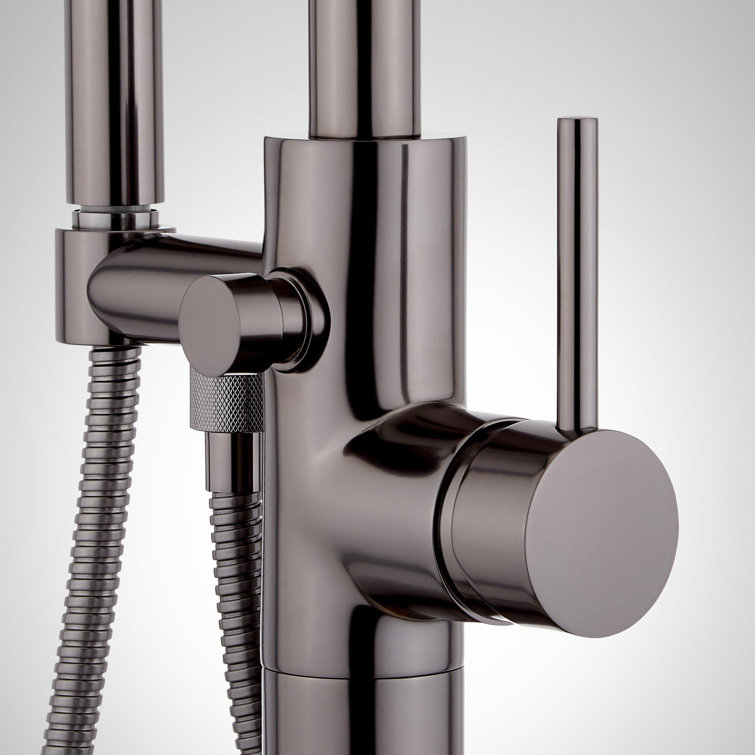 Lexia Modern Black Metal Floor Mounted Bathtub Faucet with Hand Shower