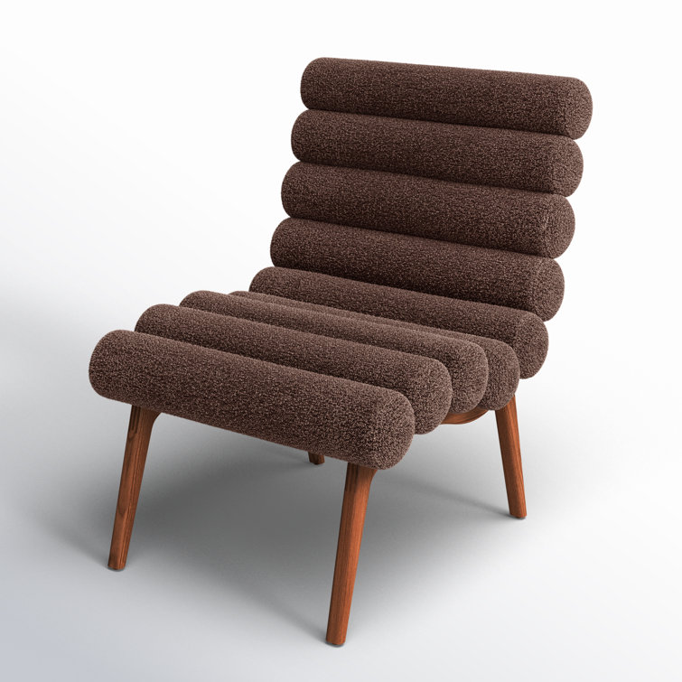 Brown Boucle Upholstered Lounge Chair with Solid Wood Legs