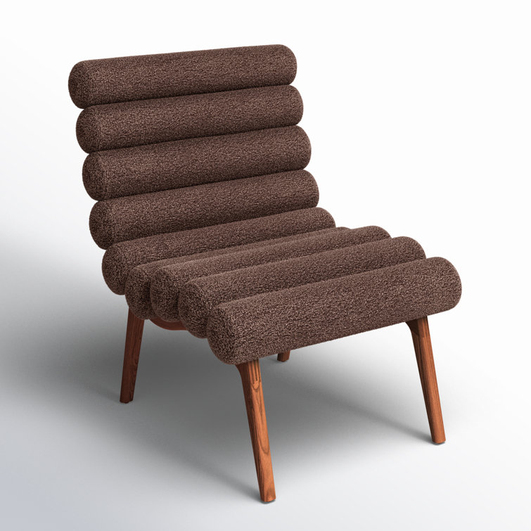 Brown Boucle Upholstered Lounge Chair with Solid Wood Legs