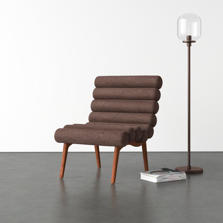 Brown Boucle Upholstered Lounge Chair with Solid Wood Legs