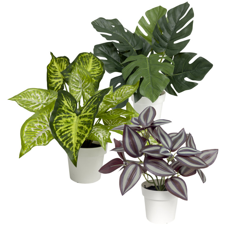White Potted Silk Faux Plant Set with Green and Purple Leaves