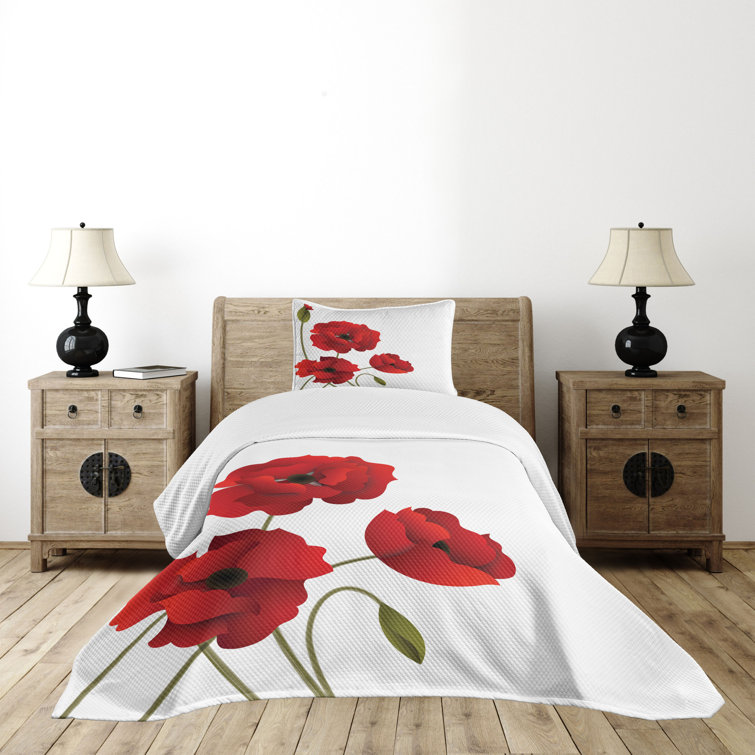 Red and White Floral Twin Quilted Bedspread Set