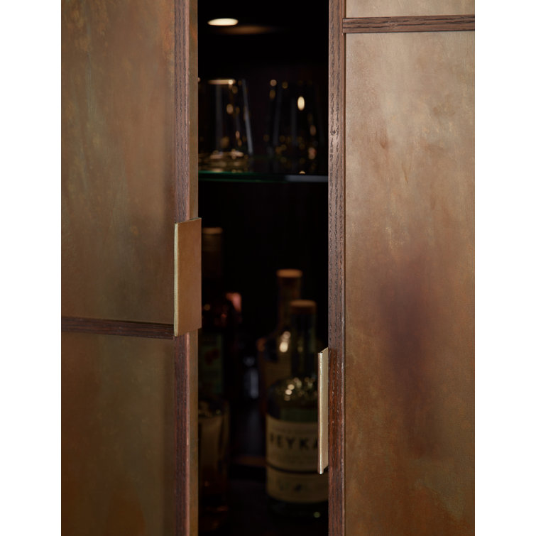 Oak and Metal Sliding Door Bar Cabinet with Glass Shelves