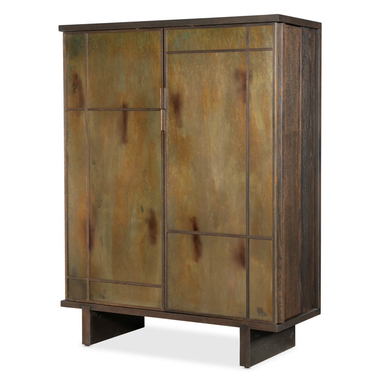 Oak and Metal Sliding Door Bar Cabinet with Glass Shelves