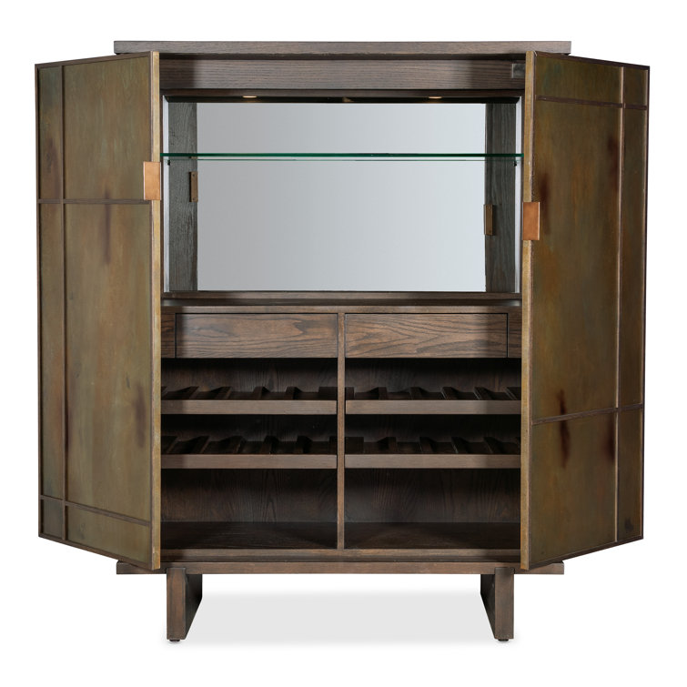 Oak and Metal Sliding Door Bar Cabinet with Glass Shelves