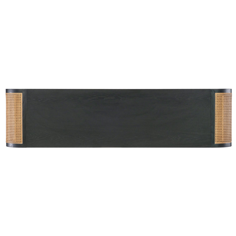 Black Oak and Cane Rectangular Console Table with Shelf