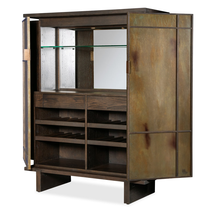 Oak and Metal Sliding Door Bar Cabinet with Glass Shelves