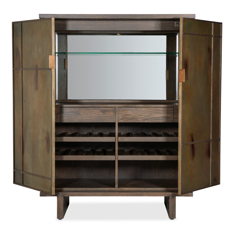 Oak and Metal Sliding Door Bar Cabinet with Glass Shelves