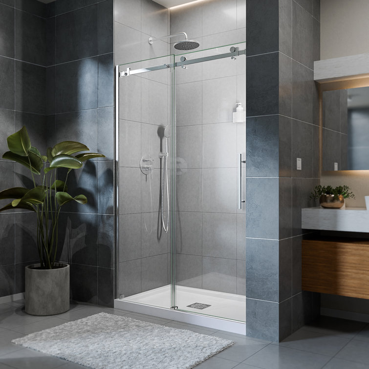 Seneca 48" Frameless Sliding Shower Door in Brushed Stainless Steel