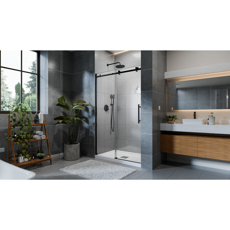 Seneca Matte Black Frameless Sliding Shower Door with Clear Glass