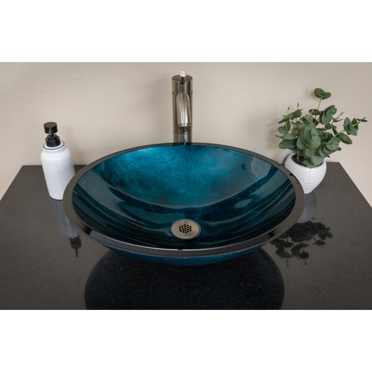 Turquoise Blue Oval Glass Above-Counter Vessel Sink
