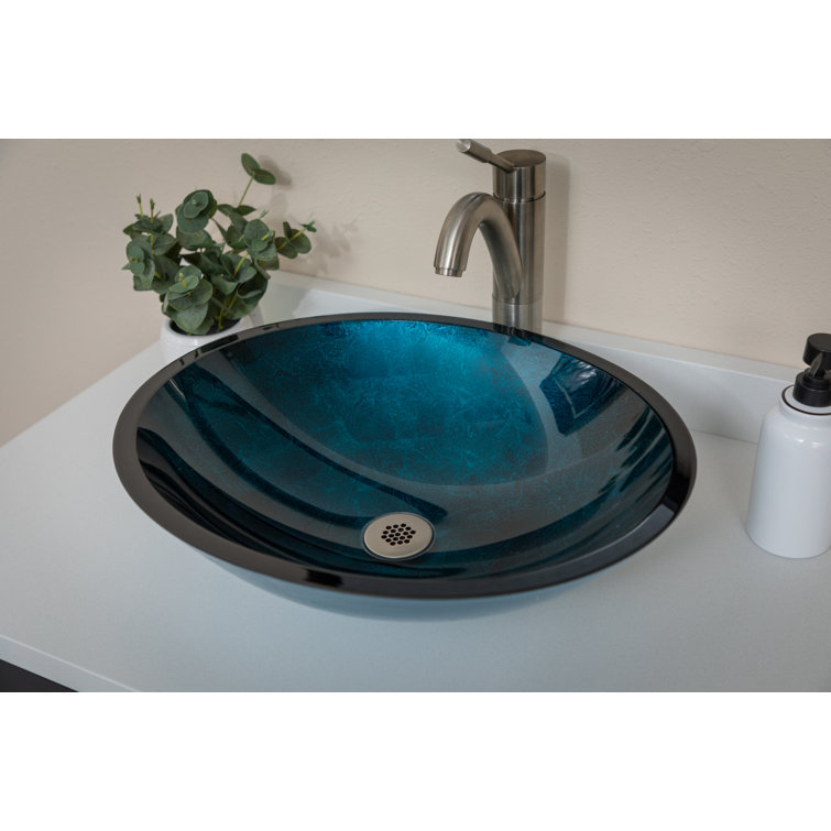 Turquoise Blue Oval Glass Above-Counter Vessel Sink