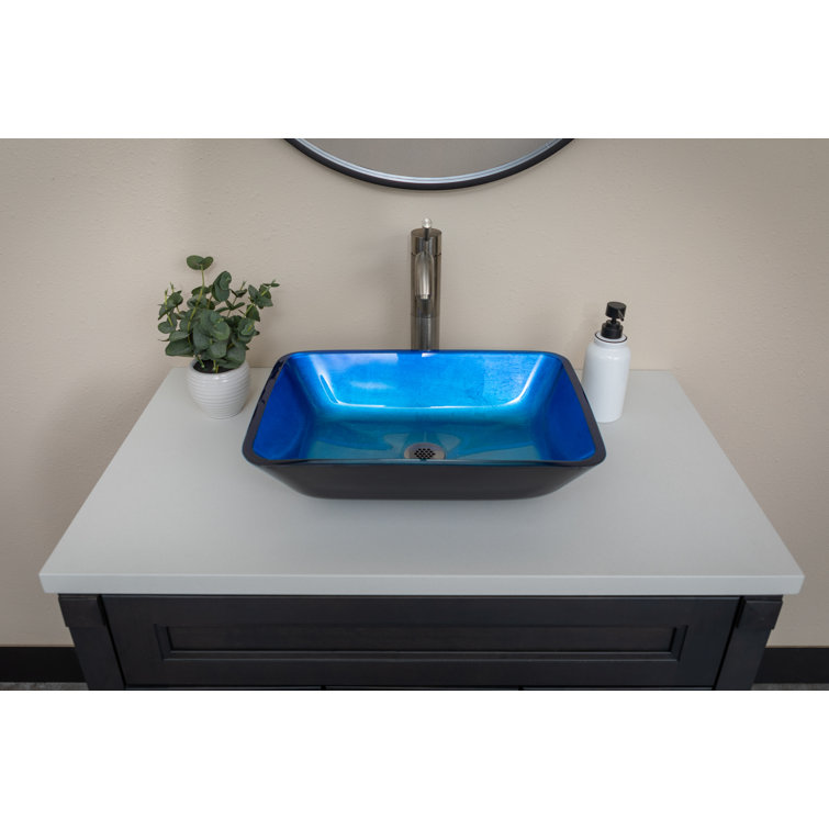 Royal Blue and Black Tempered Glass Rectangular Vessel Sink