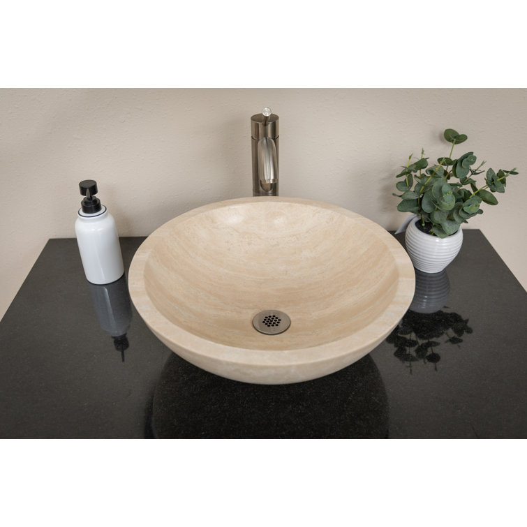 Beige Travertine Stone Circular Bathroom Sink, 16.5"