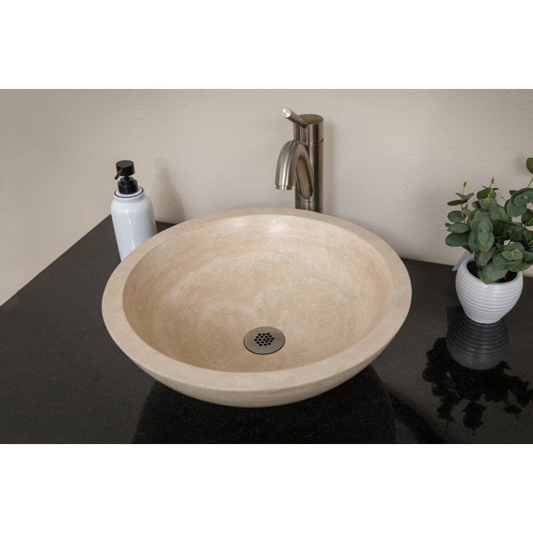 Beige Travertine Stone Circular Bathroom Sink, 16.5"
