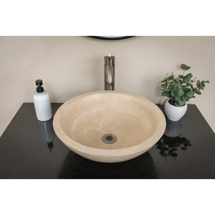 Beige Travertine Stone Circular Bathroom Sink, 16.5"