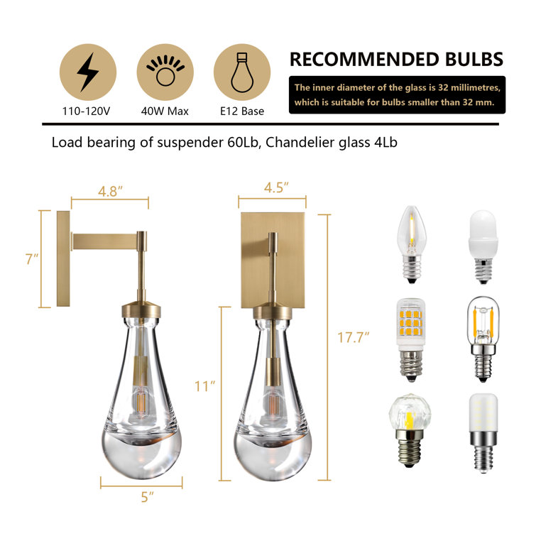 Bronze Raindrop Crystal Arm Wall Sconce Set with Glass Shade