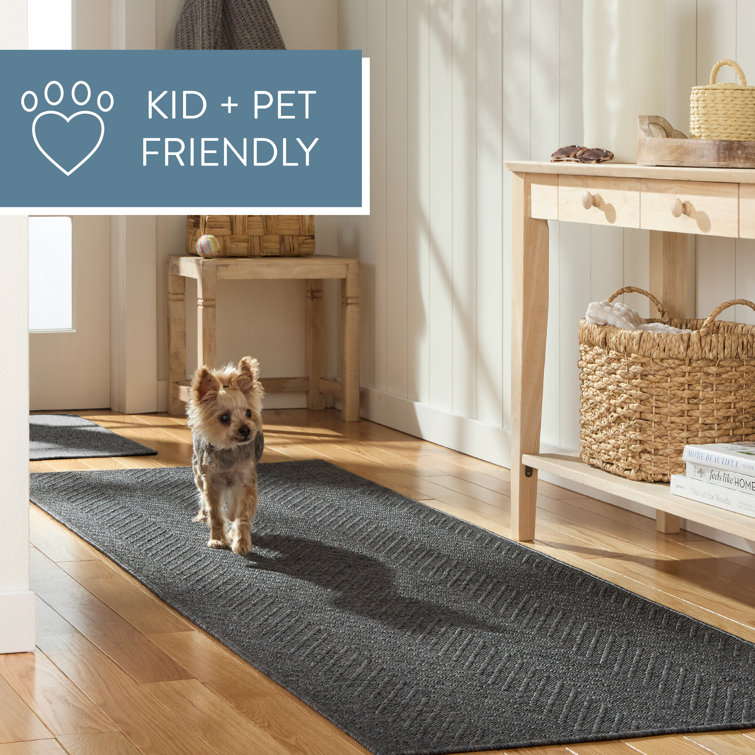 Dark Grey Herringbone Textured Washable Synthetic Area Rug