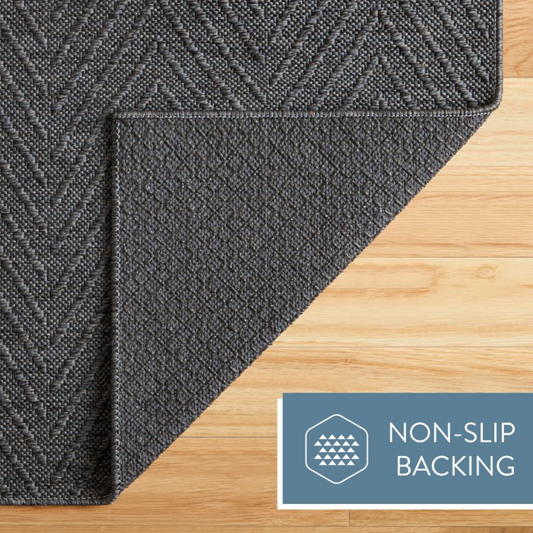 Dark Grey Herringbone Textured Washable Synthetic Area Rug