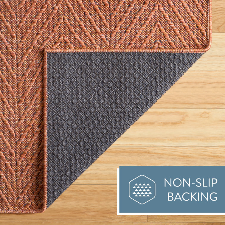 Rust Herringbone Textured Washable Synthetic Area Rug