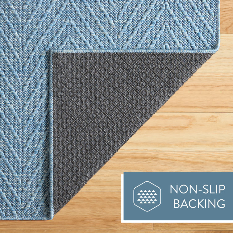 Blue Cotton and Polyester Herringbone Washable Runner Rug